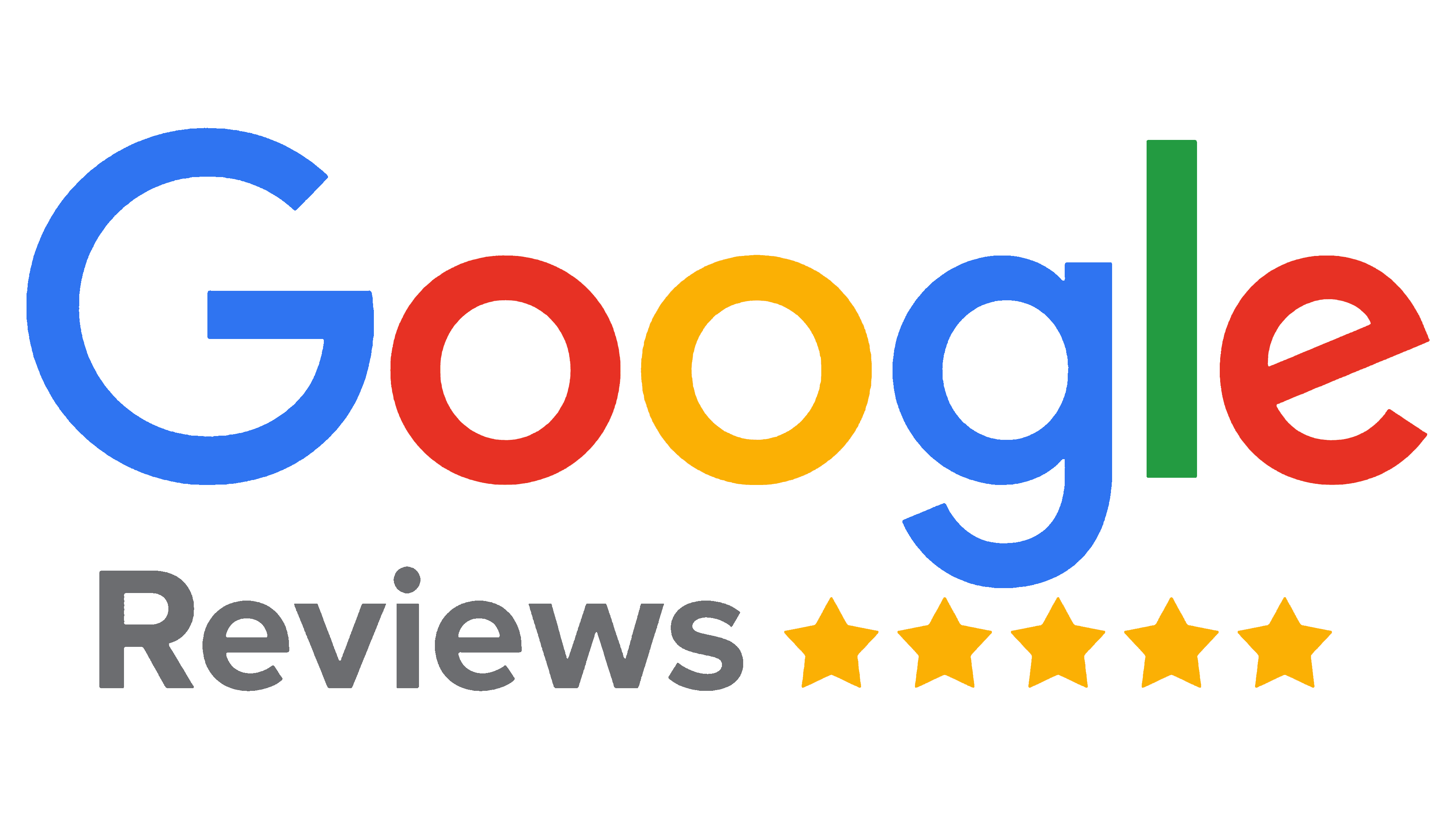Google Reviews text logo with a row of five yellow stars underneath representing a five-star rating.